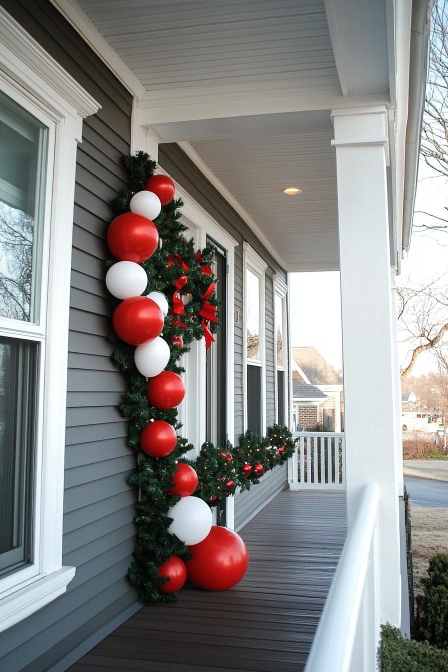 porch with grey horizontal slatting house siding and white trim decorated with oversize christmas orbs made of air balloons 2