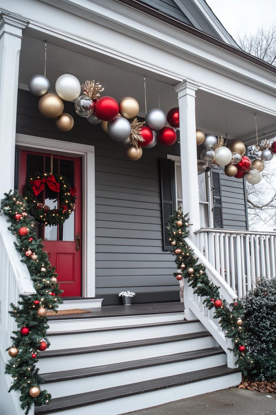 porch with grey horizontal slatting house siding and white trim decorated with oversize christmas orbs made of air balloons