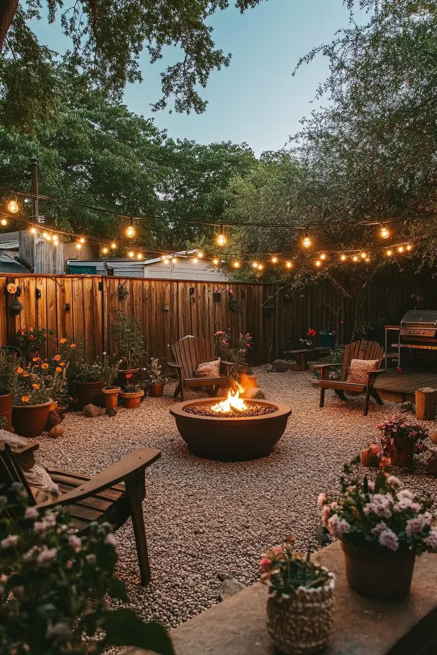 small backyard gravel garden with a fire pit and garden chairs flower pots wooden fence at the back string lights above the area from roof to trees 1