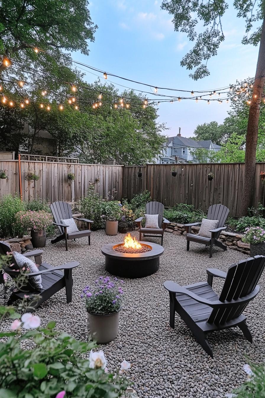 small backyard gravel garden with a fire pit and garden chairs flower pots wooden fence at the back string lights above the area from roof to trees 2