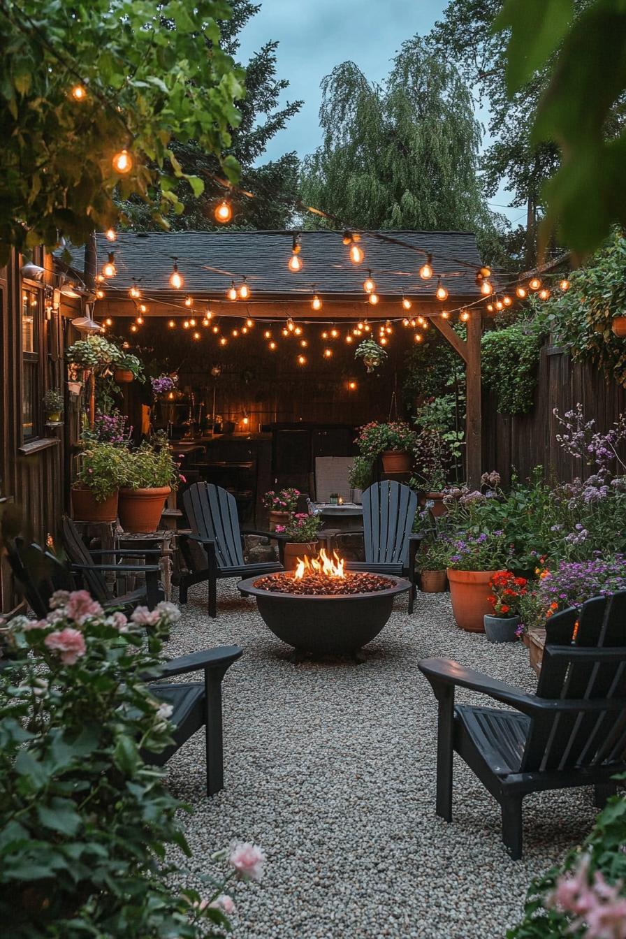 small backyard gravel garden with a fire pit and garden chairs flower pots wooden fence at the back string lights above the area from roof to trees