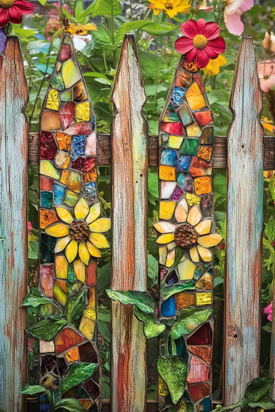 stained recycled glass mosaic on a wooden picket fence flowers growing by the fence 1