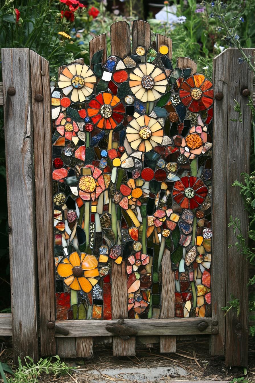 stained recycled glass mosaic on a wooden picket fence flowers growing by the fence