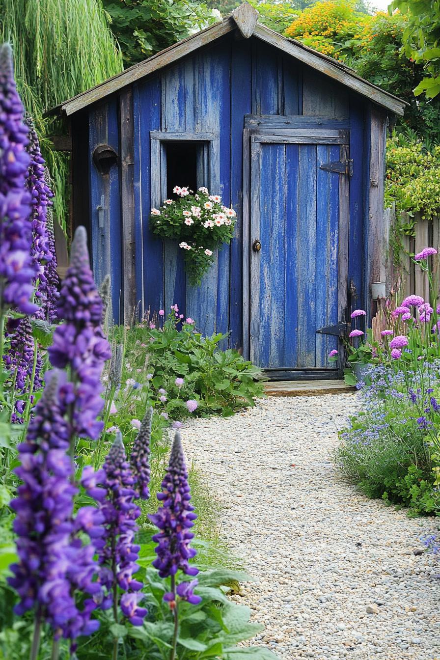 French garden with a shed tall purple flowers gravel path v 6.1