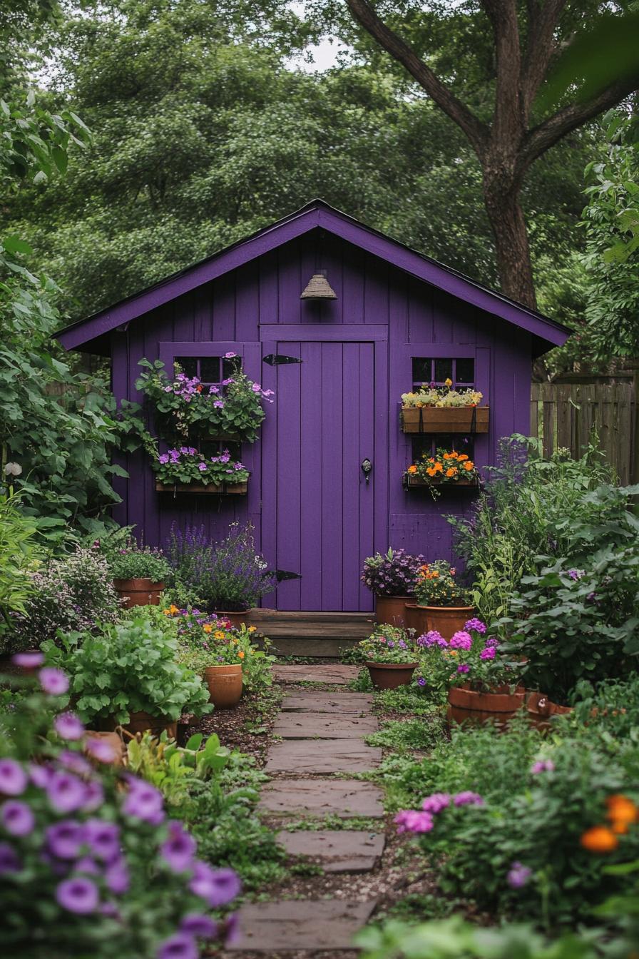 backyard garden with lush greenery and a purple wooden shed with flower pots in front 1