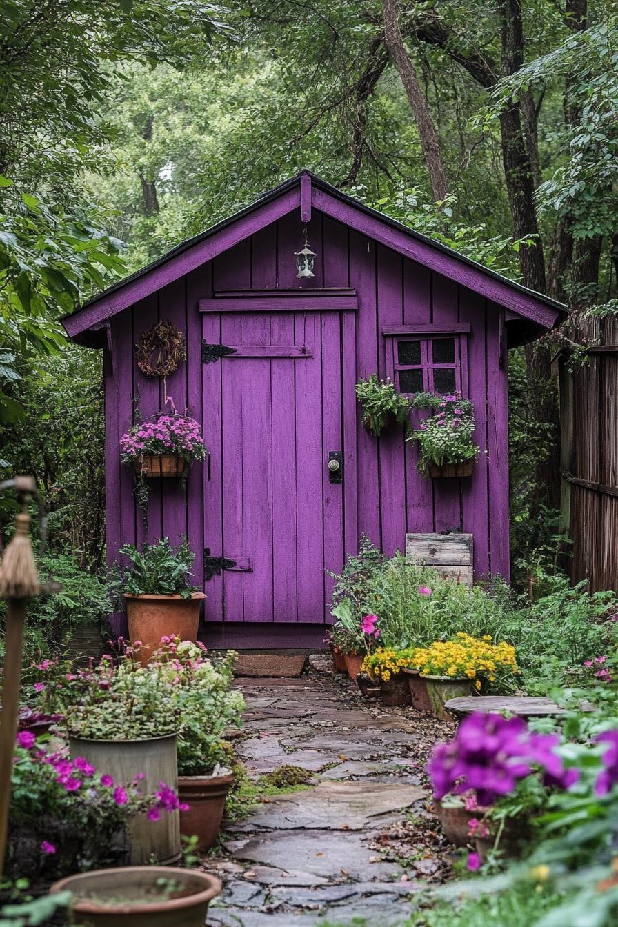 backyard garden with lush greenery and a purple wooden shed with flower pots in front