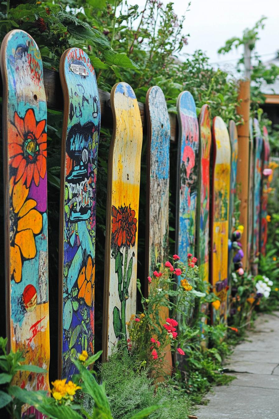 garden fence made of recycled skateboards with graffiti art 1