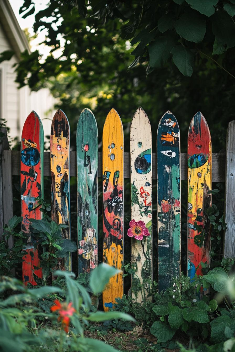 garden fence made of recycled skateboards with graffiti art