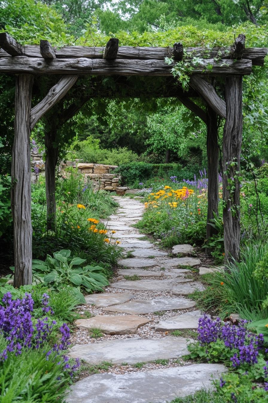 lush garden with native plants and flowers rustic arbor and stone path 1