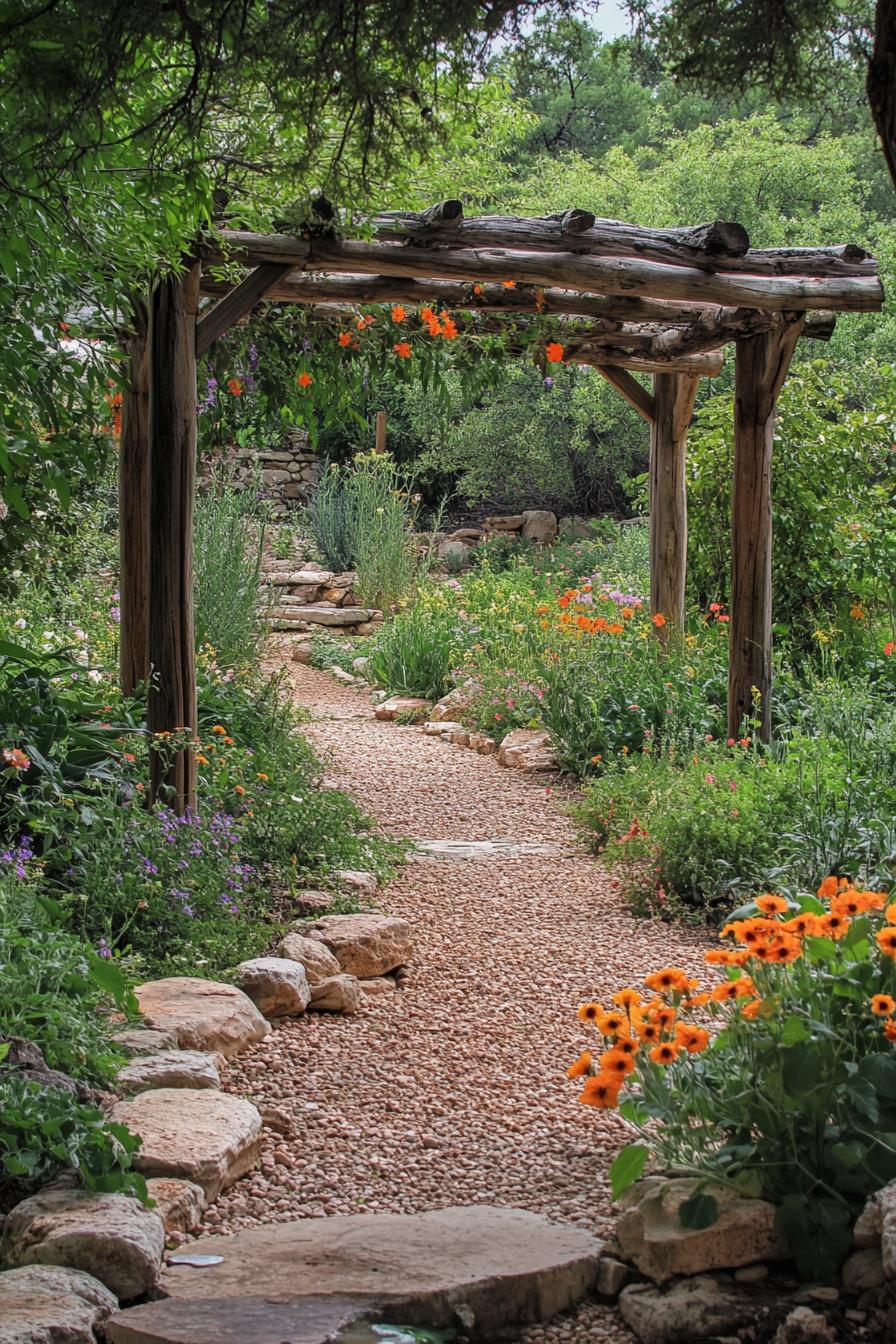 lush garden with native plants and flowers rustic arbor and stone path