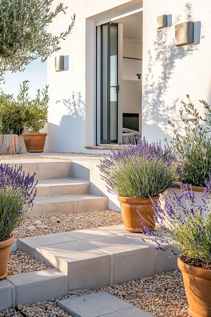 mediterranean inner courtyard garden of a modern white villa with geometric paving with concrete and pebbles terracotta planter pots with lavenders