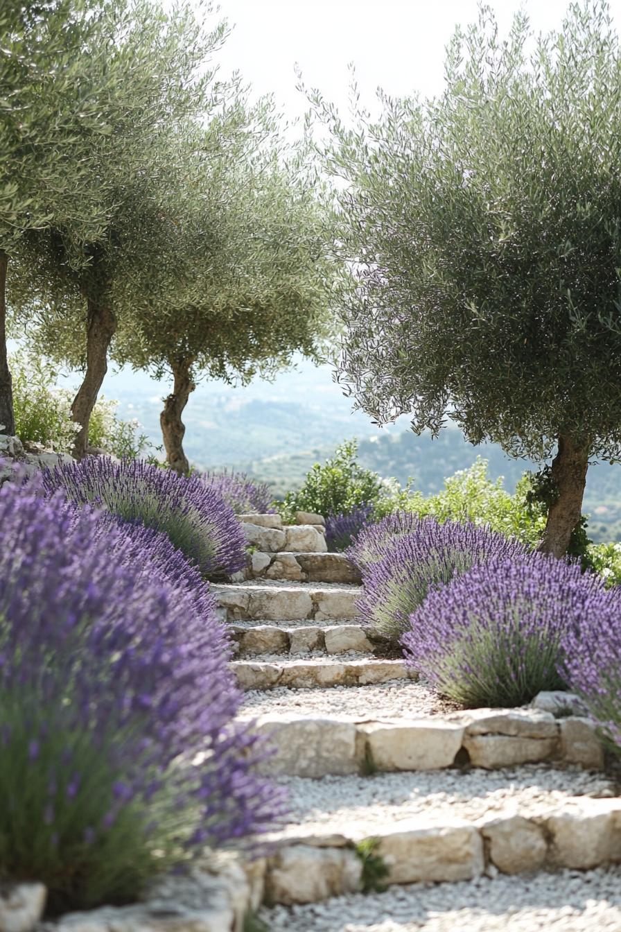 mediterranean landscaping with lavenders and olive trees