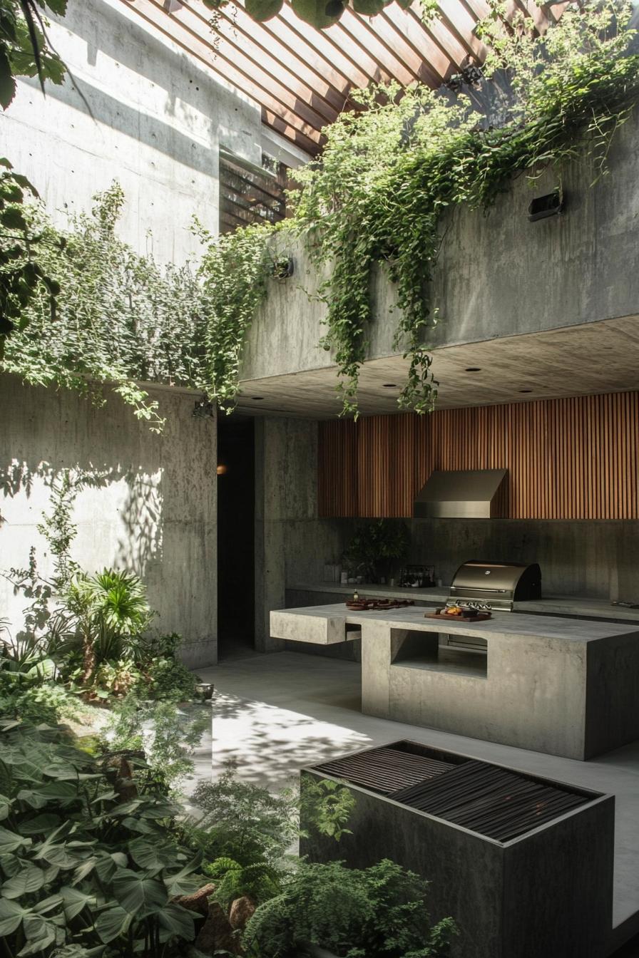 modern concrete house inner courtyard with outdoor kitchen with grill station concrete countertop fluted wooden wall with vines dining table v