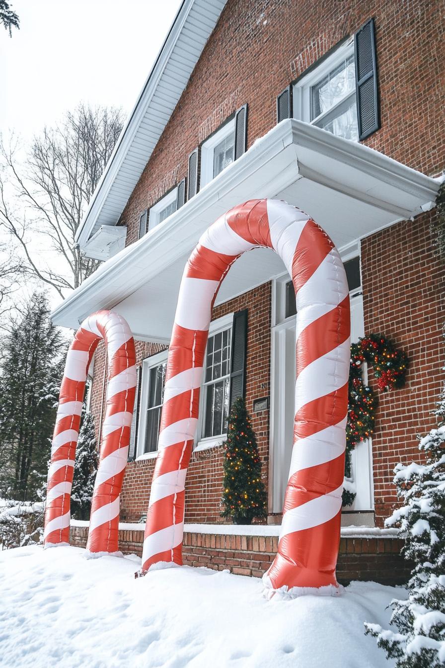 porch of a brick house decorated for christmas with oversize inflatable candy canes