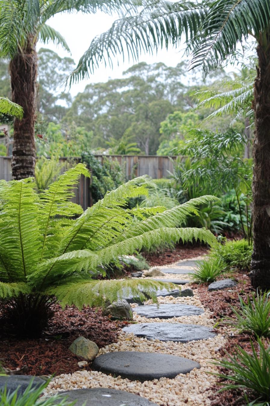 small australian native garden with fern bushes stone path palm trees concrete wall visible in the backdrop 1