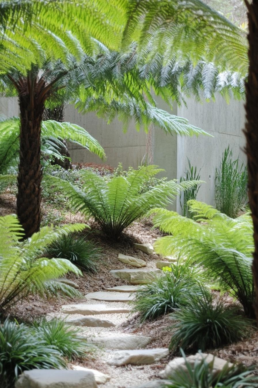 small australian native garden with fern bushes stone path palm trees concrete wall visible in the backdrop 2