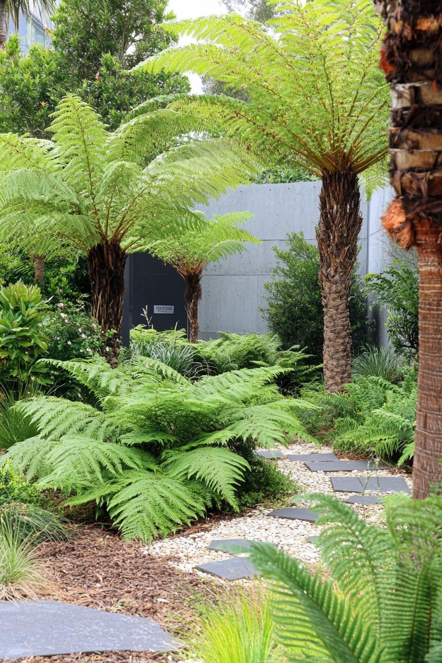 small australian native garden with fern bushes stone path palm trees concrete wall visible in the backdrop 3