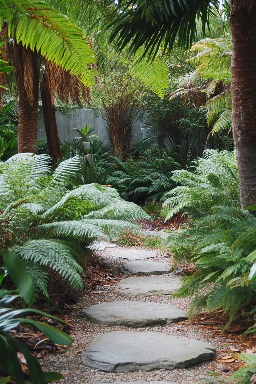 small australian native garden with fern bushes stone path palm trees concrete wall visible in the backdrop