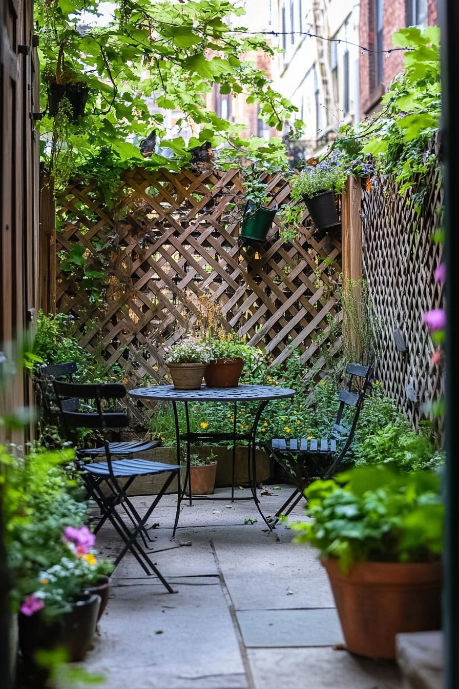 tiny patio garden with lattice with vines and hanging planter pots small table and garden chairs on paved ground the patio is confined between 1