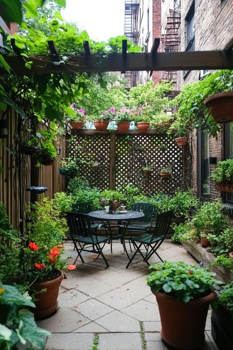 tiny patio garden with lattice with vines and hanging planter pots small table and garden chairs on paved ground the patio is confined between