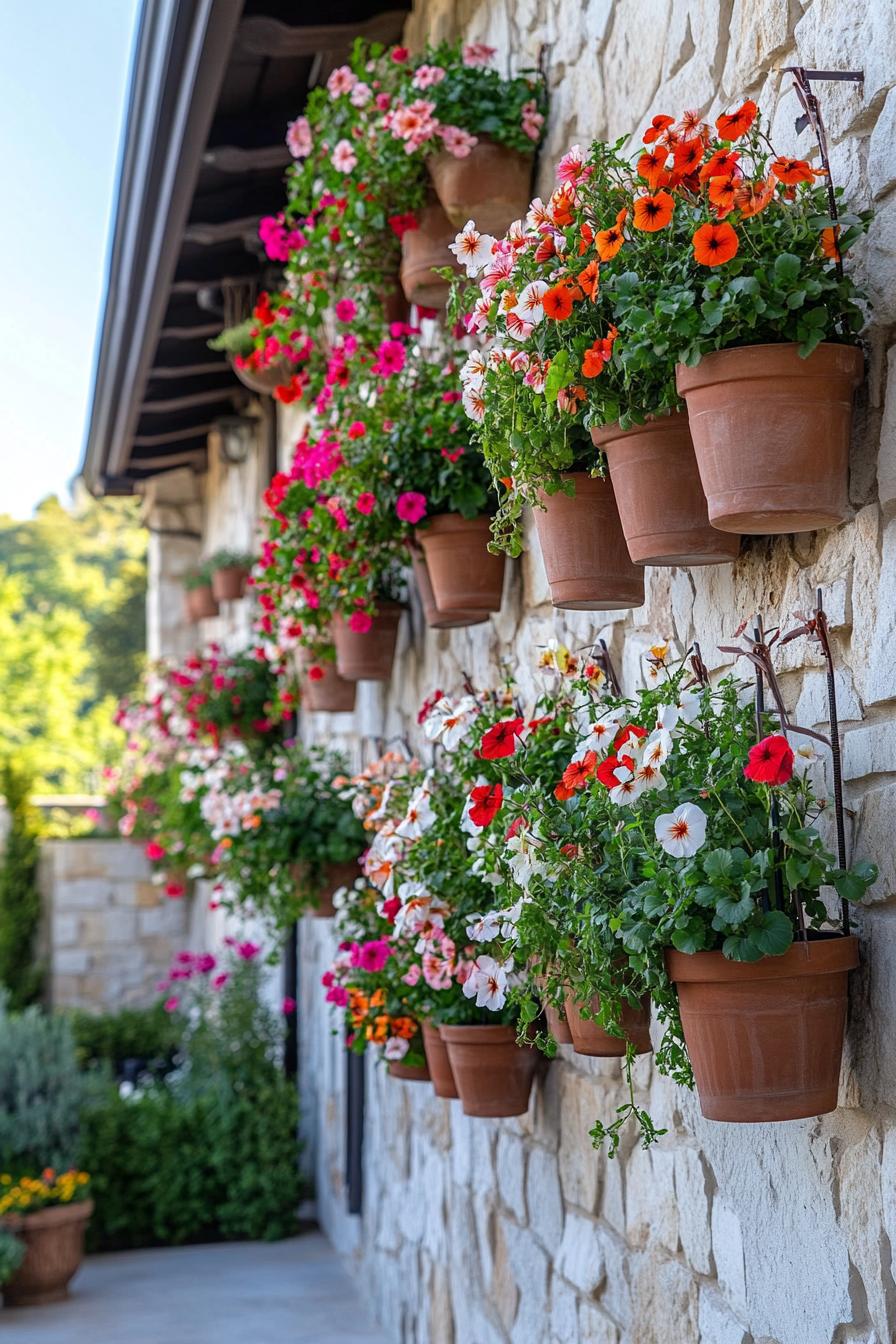 wall of italian villa with stone siding hanging planters with flowers on the wall making a blossoming multi color garden 1