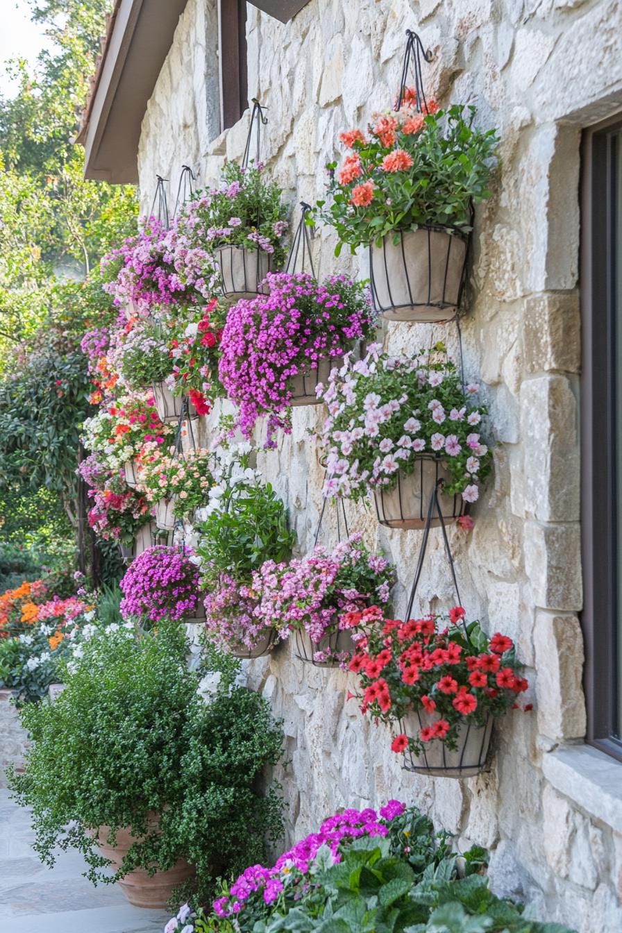 wall of italian villa with stone siding hanging planters with flowers on the wall making a blossoming multi color garden 2