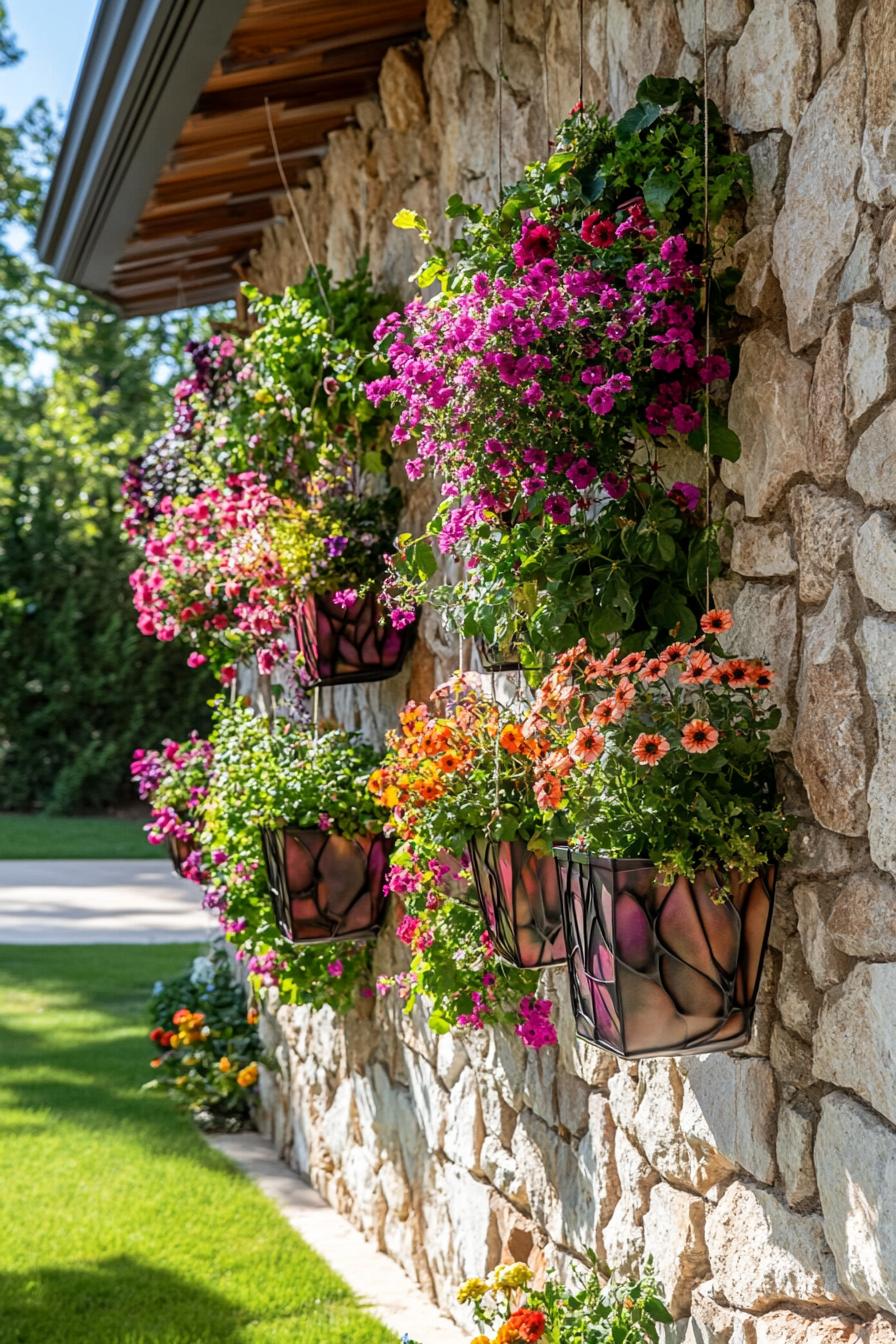 wall of italian villa with stone siding hanging planters with flowers on the wall making a blossoming multi color garden 3