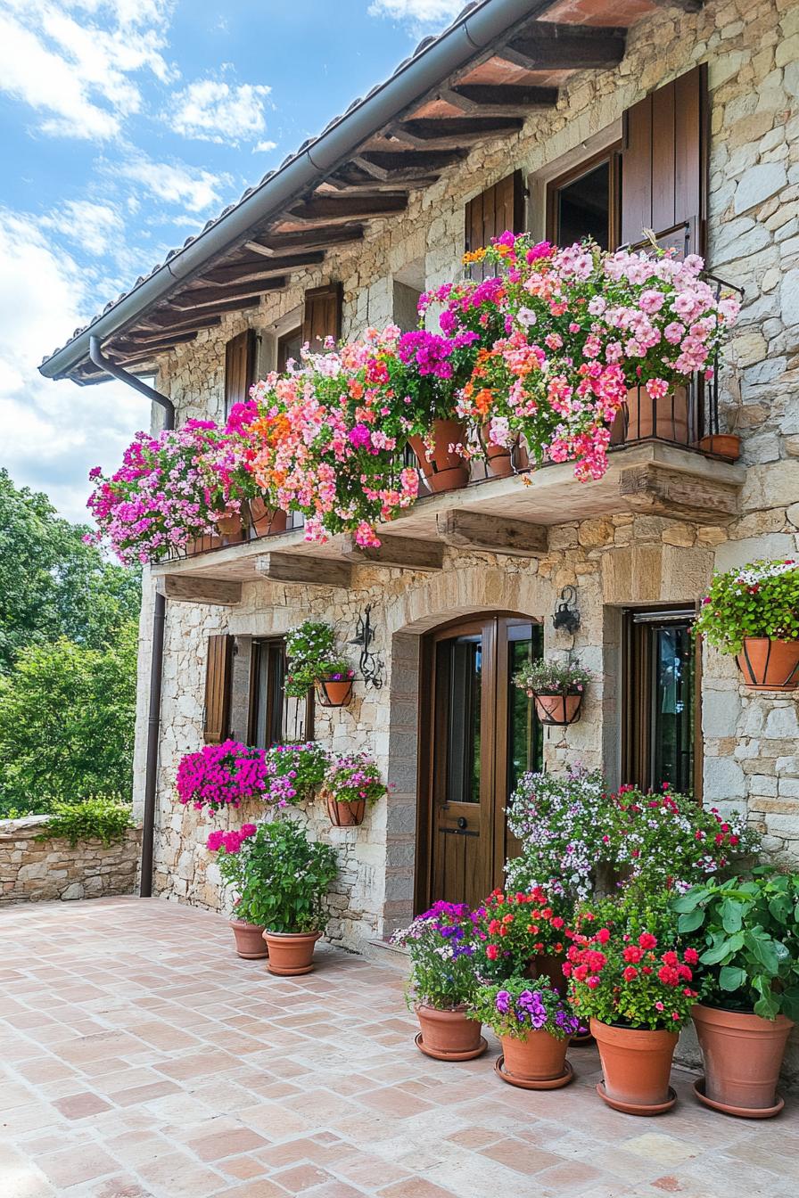 wall of italian villa with stone siding hanging planters with flowers on the wall making a blossoming multi color garden