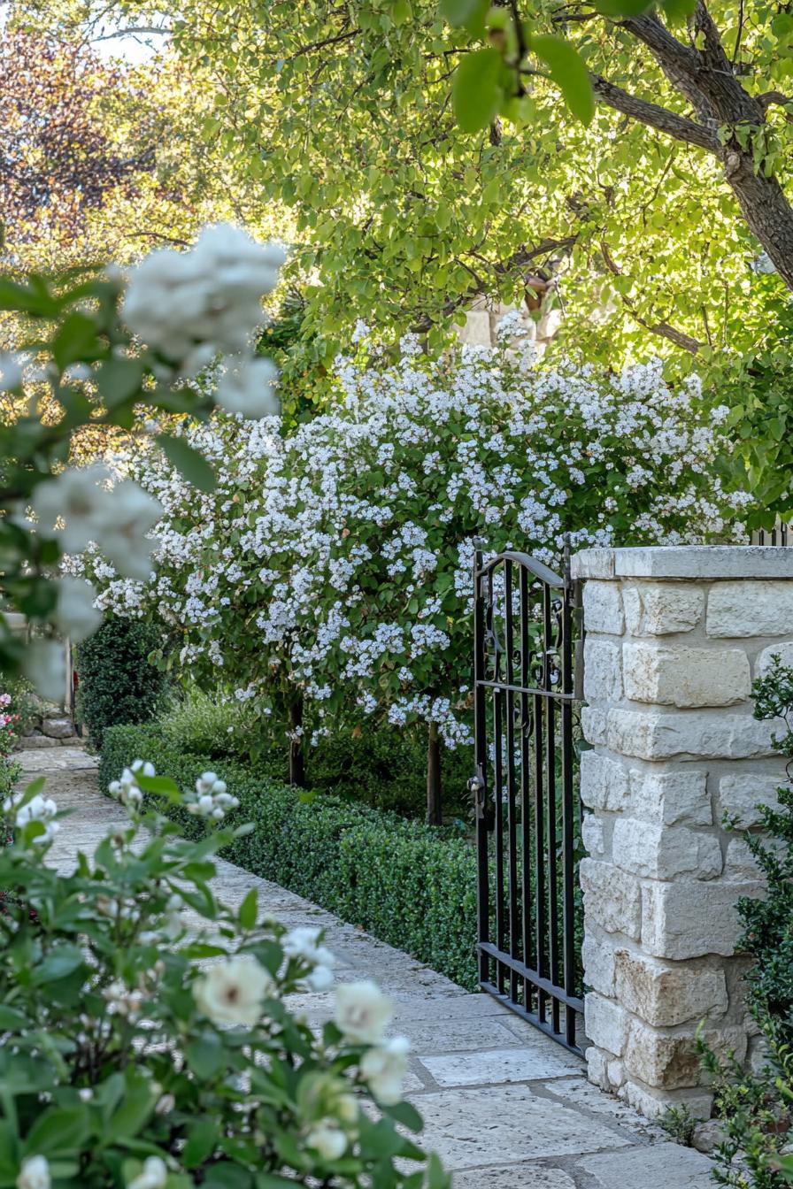 French lush garden with stone wall and iron gate geometric shrubs white blossom flowers tree shade