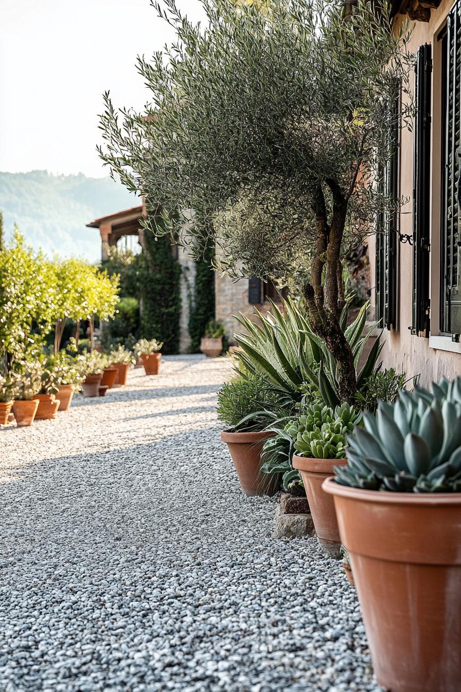 Italian villa gravel garden with succulents and ground dover plants patio lined with terracotta planters garden surrounded with olive trees 1