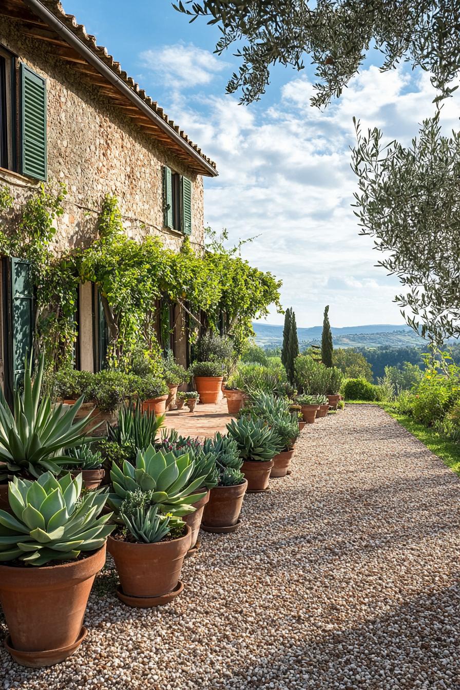 Italian villa gravel garden with succulents and ground dover plants patio lined with terracotta planters garden surrounded with olive trees