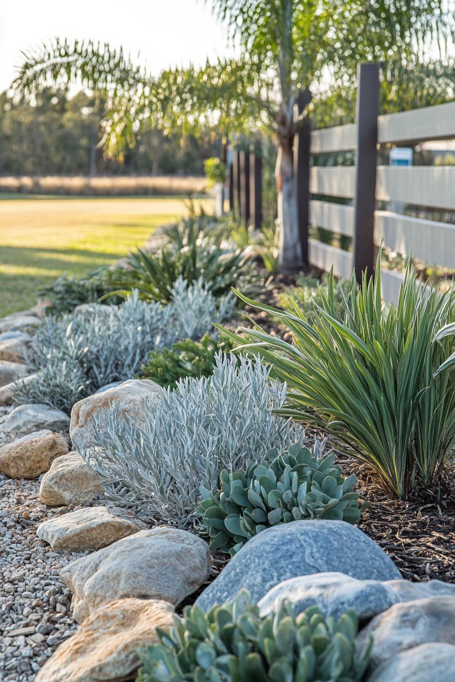 australian native backyard garden on arid ground native green and silver shrubs bordering rocks reclaimed wood fence palms and eucalyptus trees in 1