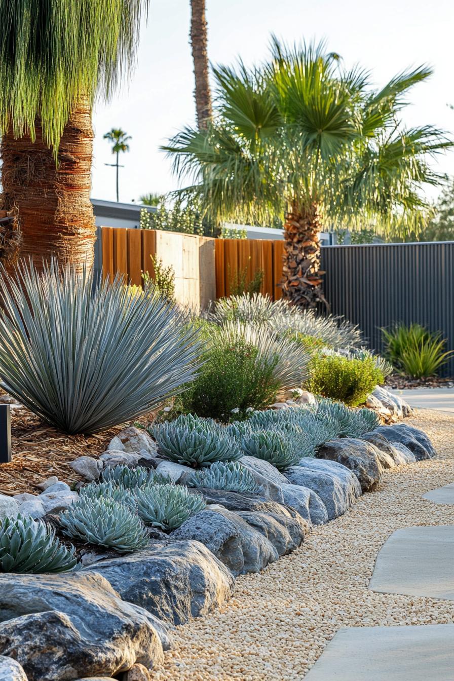 australian native backyard garden on arid ground native green and silver shrubs bordering rocks reclaimed wood fence palms and eucalyptus trees in 2