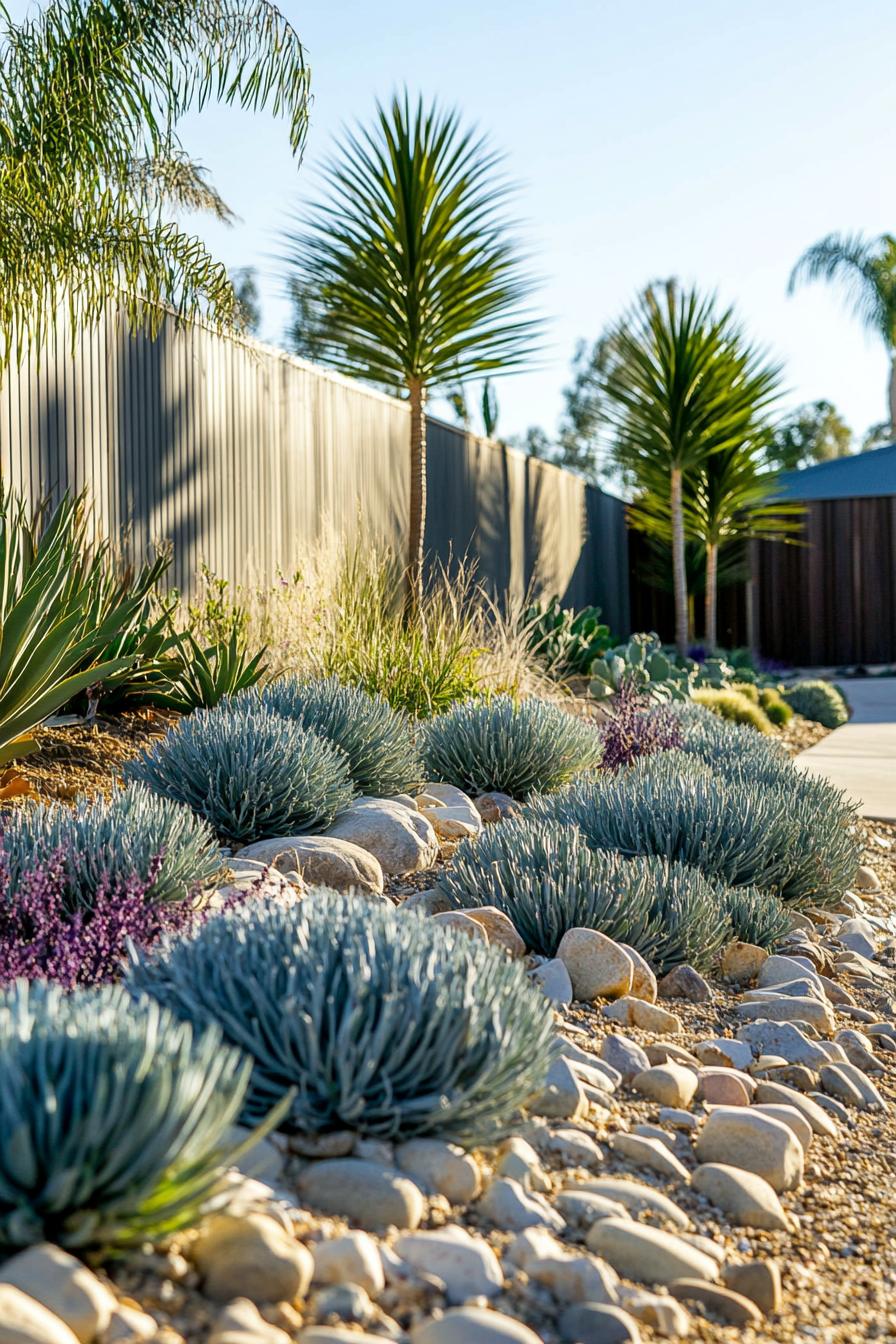 australian native backyard garden on arid ground native green and silver shrubs bordering rocks reclaimed wood fence palms and eucalyptus trees in 3