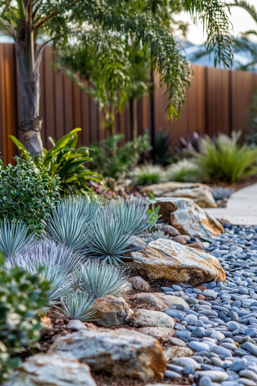 australian native backyard garden on arid ground native green and silver shrubs bordering rocks reclaimed wood fence palms and eucalyptus trees in