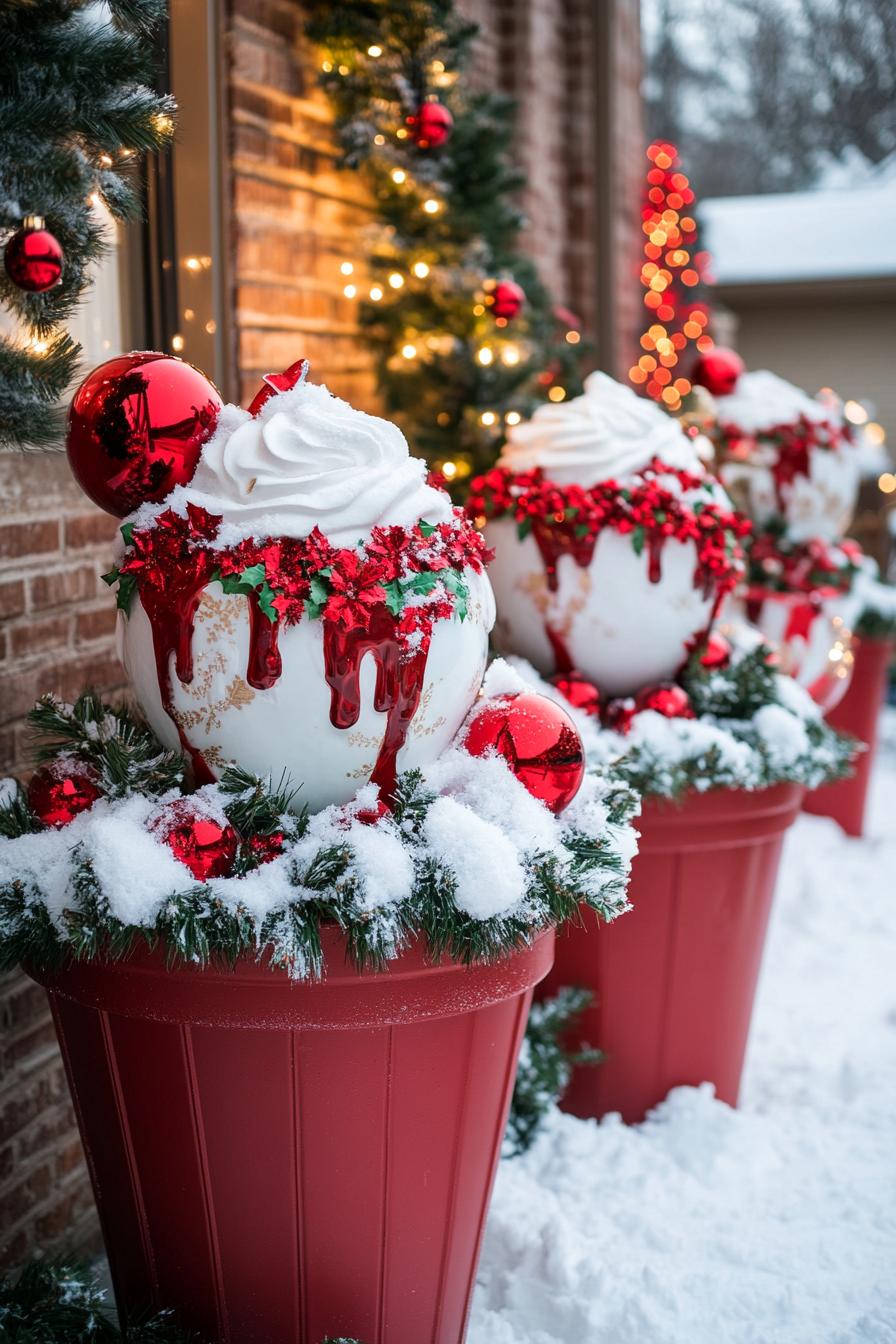 backyard christams decor with large planters filled with fake snow embellished with ornaments to look like oversize ice cream cups 1