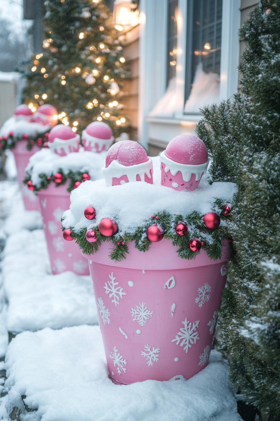 backyard christams decor with large planters filled with fake snow embellished with ornaments to look like oversize ice cream cups 2