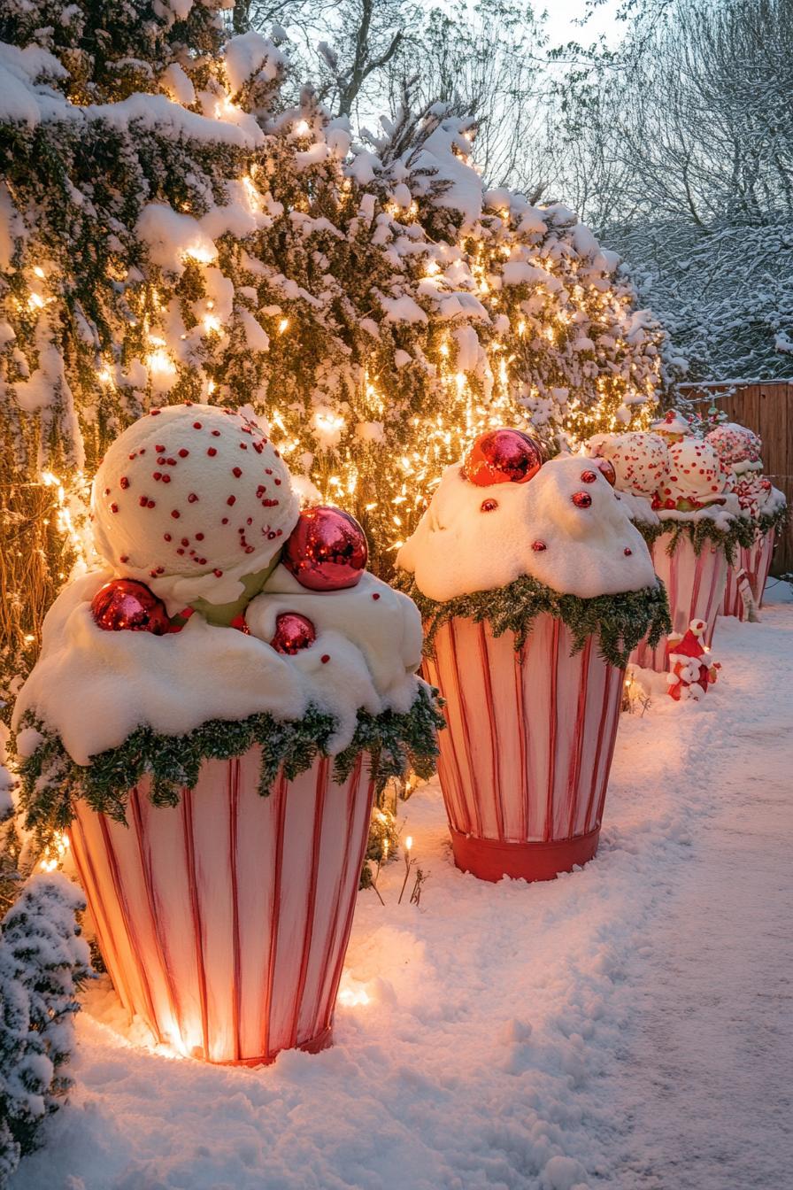 backyard christams decor with large planters filled with fake snow embellished with ornaments to look like oversize ice cream cups 3