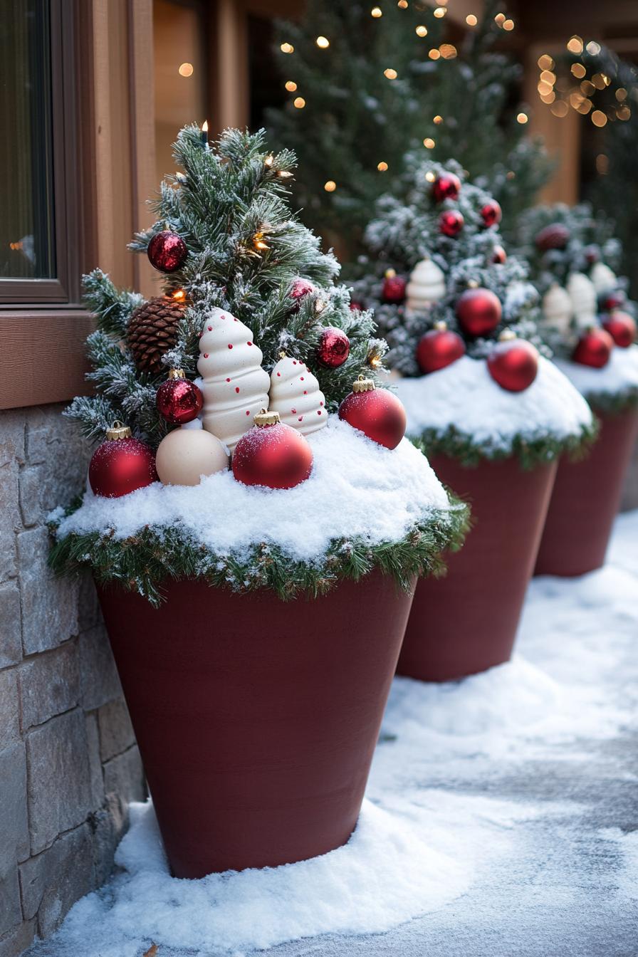 backyard christams decor with large planters filled with fake snow embellished with ornaments to look like oversize ice cream cups