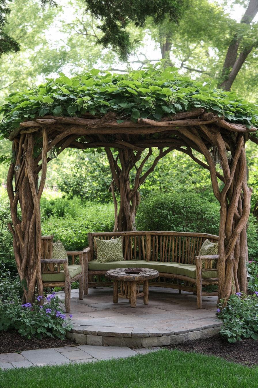 backyard gazebo made from branches with lush live plants on the roof 1