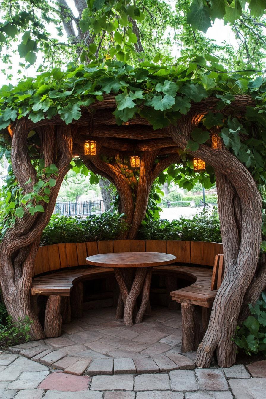 backyard gazebo made from branches with lush live plants on the roof 2