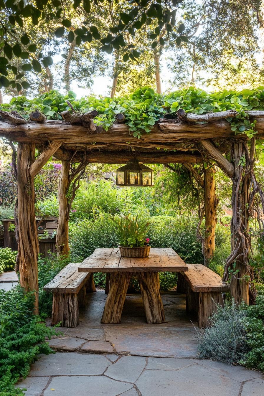 backyard gazebo made from branches with lush live plants on the roof 3