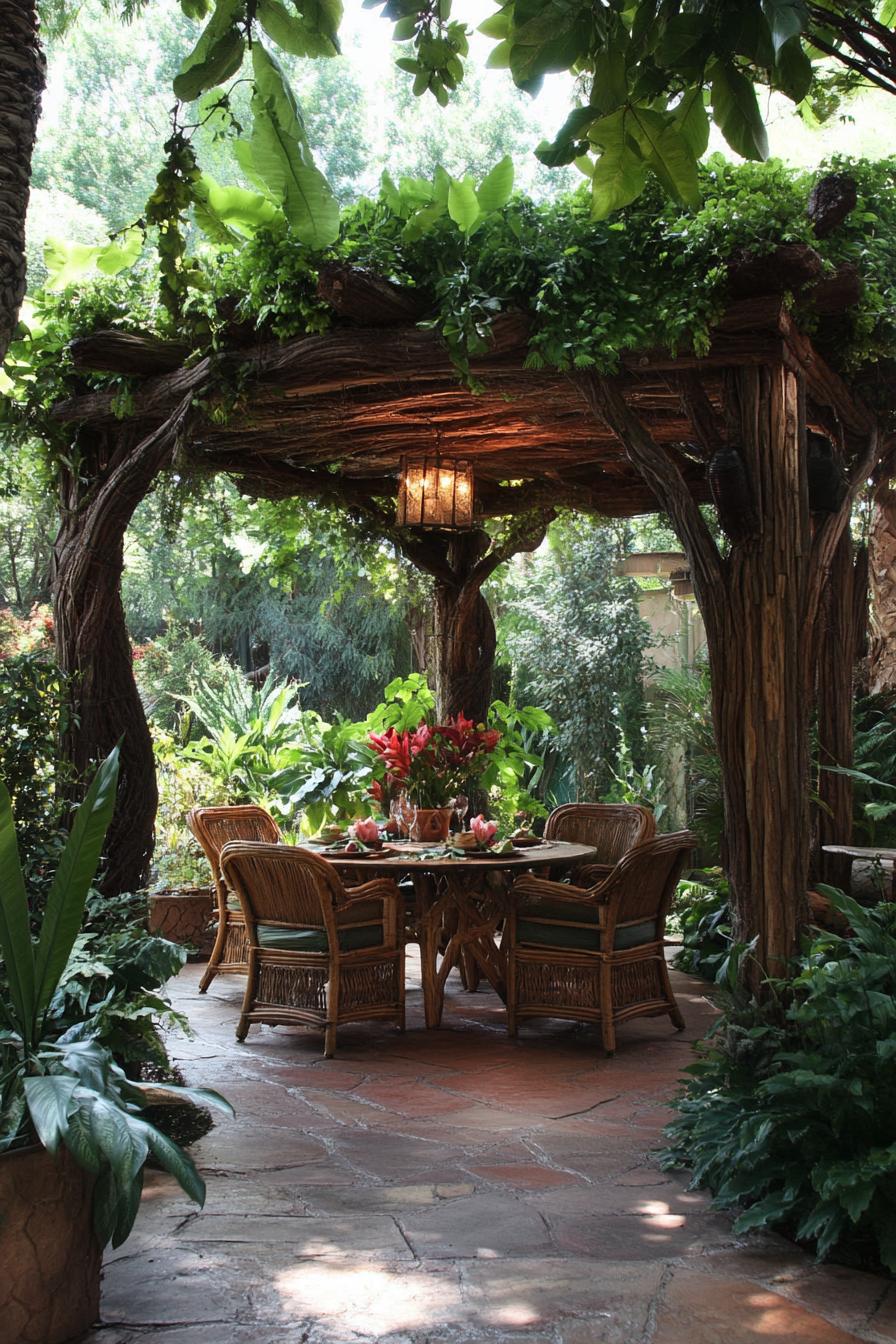 backyard gazebo made from branches with lush live plants on the roof