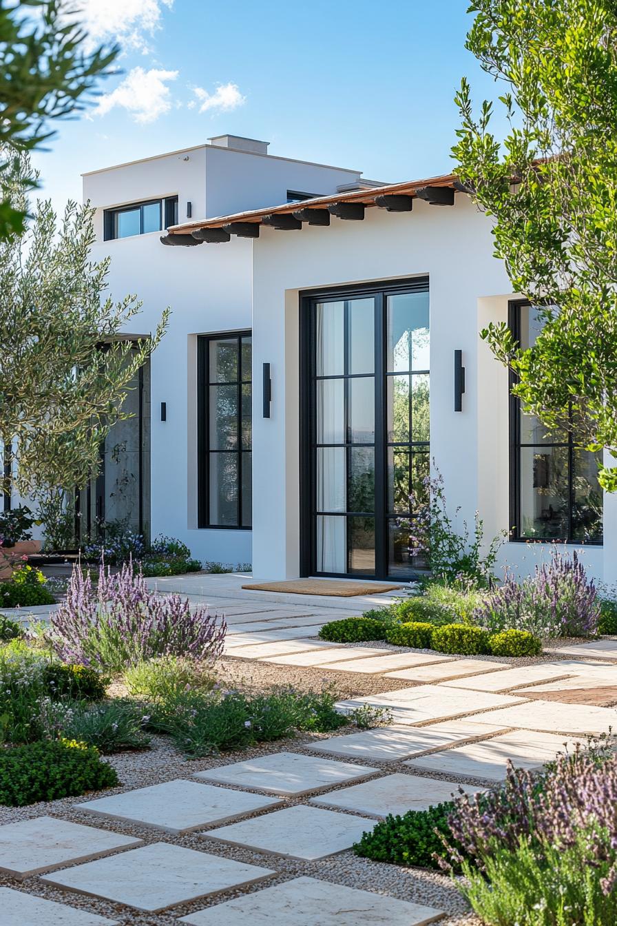 mediterranean inner courtyard garden of a modern white villa with modern windows and doors with limestone pavements native plants and shrubs 1