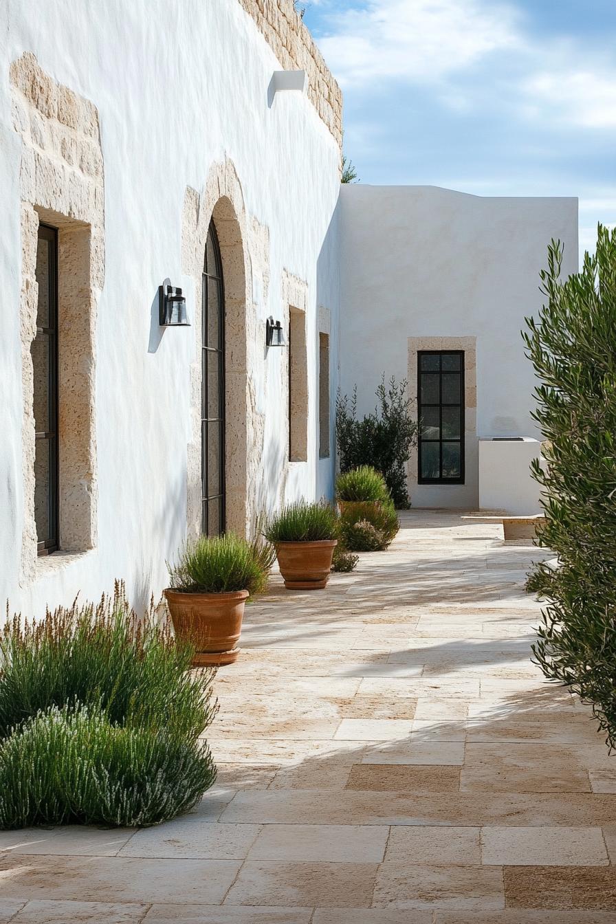 mediterranean inner courtyard garden of a modern white villa with modern windows and doors with limestone pavements native plants and shrubs 2