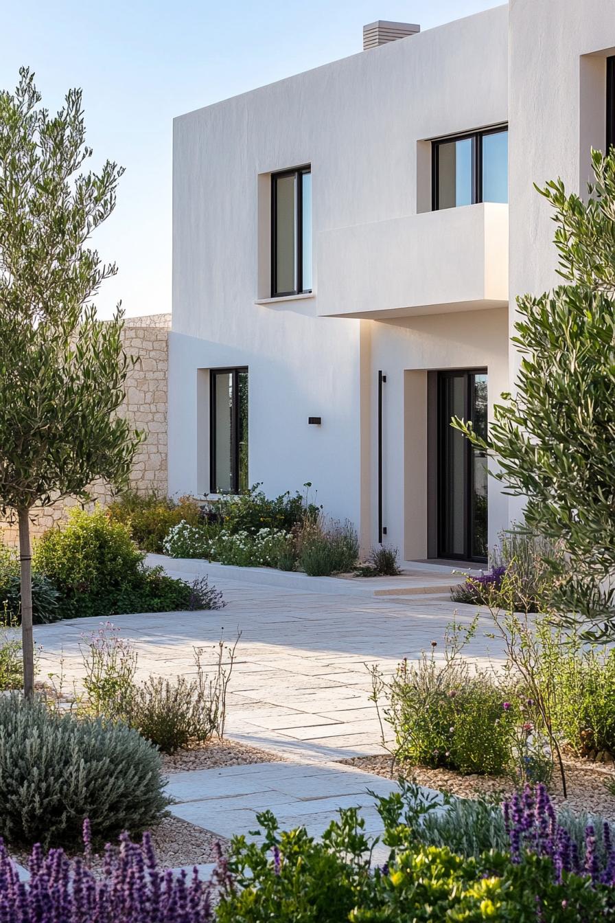 mediterranean inner courtyard garden of a modern white villa with modern windows and doors with limestone pavements native plants and shrubs 3