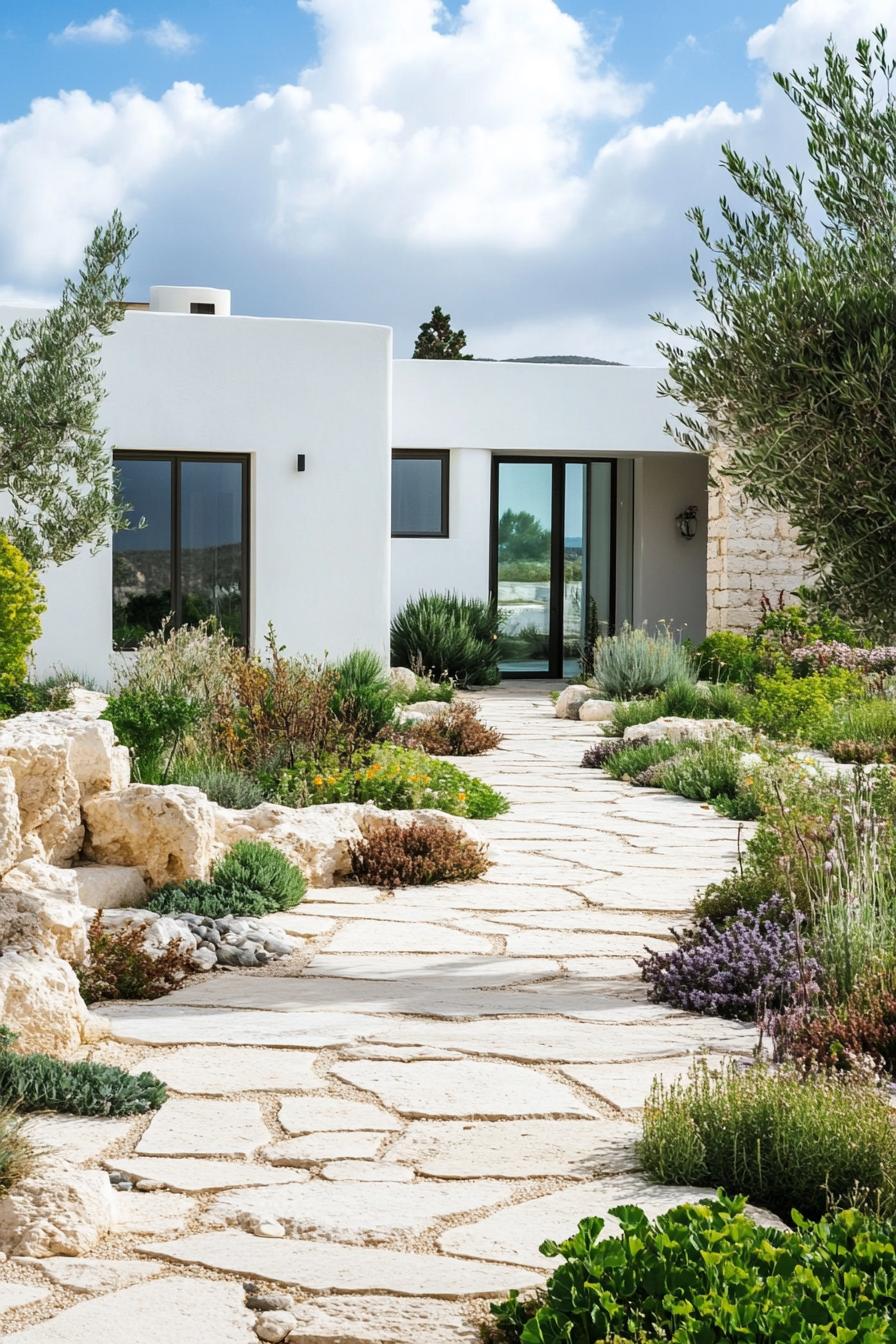 mediterranean inner courtyard garden of a modern white villa with modern windows and doors with limestone pavements native plants and shrubs