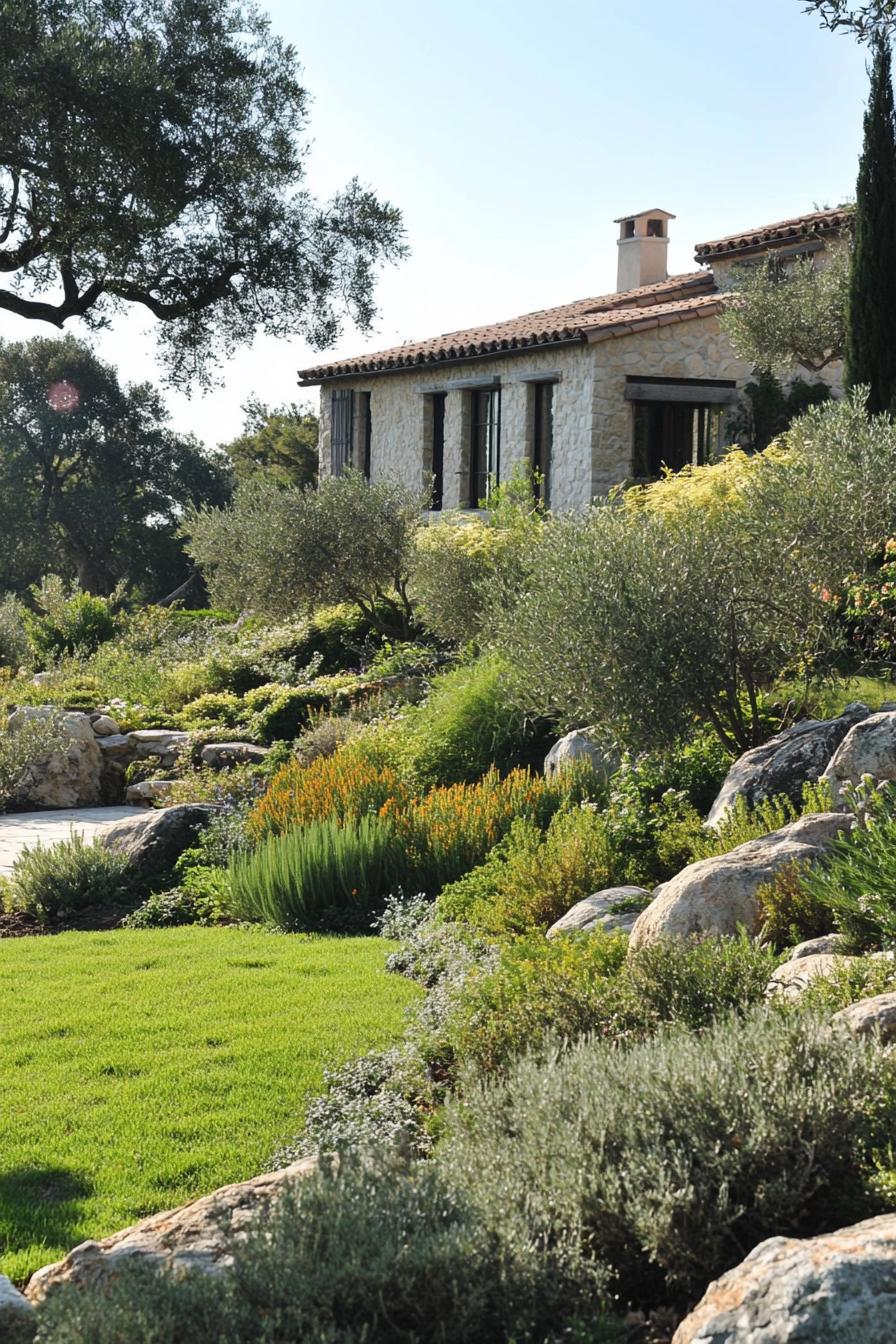 mediterranean landscaping with lawn grass rocks native bush plants old olive trees italian cypress in the background 1