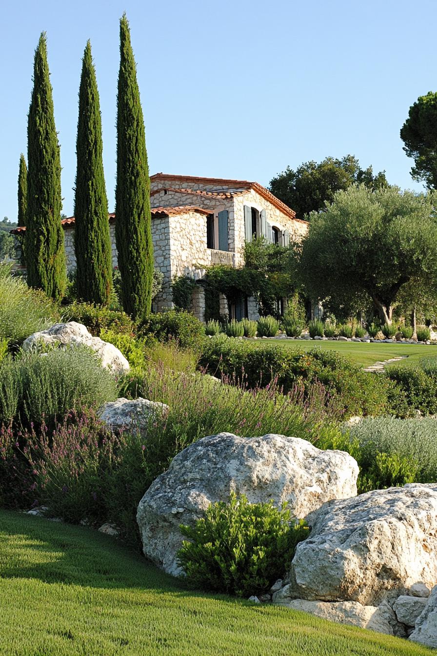 mediterranean landscaping with lawn grass rocks native bush plants old olive trees italian cypress in the background 2