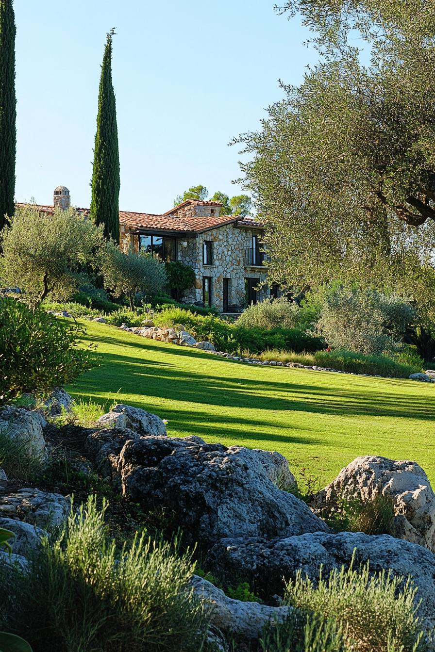 mediterranean landscaping with lawn grass rocks native bush plants old olive trees italian cypress in the background 3